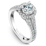 A Noam Carver white gold engagement ring with a round halo, a split band and 56 diamonds.