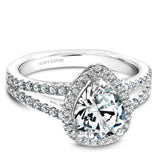 A Noam Carver white gold engagement ring with a pear halo, a split band and 63 diamonds.