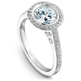 A Noam Carver white gold engagement ring with a round halo and 52 diamonds.