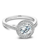 A Noam Carver white gold engagement ring with a round halo and 52 diamonds.