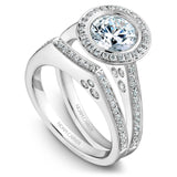 A Noam Carver white gold engagement ring with a round halo and 52 diamonds.
