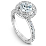 A Noam Carver white gold engagement ring with a round halo and 42 diamonds.