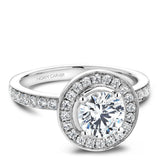 A Noam Carver white gold engagement ring with a round halo and 42 diamonds.