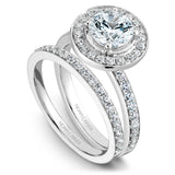 A Noam Carver white gold engagement ring with a round halo and 42 diamonds.