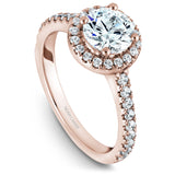 A Noam Carver rose gold engagement ring with a round halo and 36 diamonds.