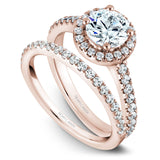 A Noam Carver rose gold engagement ring with a round halo and 36 diamonds.