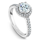 A Noam Carver white gold engagement ring with a round halo and 36 diamonds.
