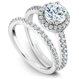 A Noam Carver white gold engagement ring with a round halo and 36 diamonds.