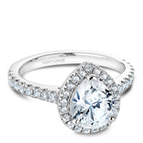 A Noam Carver white gold engagement ring with 39 diamonds and a pear cut centerpiece.
