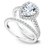 A Noam Carver white gold engagement ring with 39 diamonds and a pear cut centerpiece.