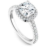A Noam Carver white gold engagement ring with 39 diamonds and a cushion cut centerpiece.