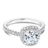 A Noam Carver white gold engagement ring with 39 diamonds and a cushion cut centerpiece.