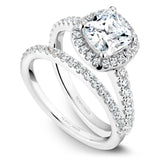 A Noam Carver white gold engagement ring with 39 diamonds and a cushion cut centerpiece.