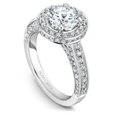 A Noam Carver white gold engagement ring with a round halo and 132 diamonds.