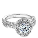 A Noam Carver white gold engagement ring with a round halo and 132 diamonds.