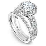 A Noam Carver white gold engagement ring with a round halo and 132 diamonds.