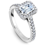 A Noam Carver white gold engagement ring with an emerald cut center diamond, a halo and 52 diamonds.