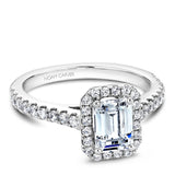 A Noam Carver white gold engagement ring with an emerald cut center diamond, a halo and 52 diamonds.