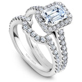 A Noam Carver white gold engagement ring with an emerald cut center diamond, a halo and 52 diamonds.