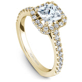 A Noam Carver yellow gold engagement ring with a princess cut center diamond, a halo and 52 diamonds.