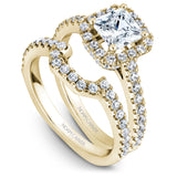 A Noam Carver yellow gold engagement ring with a princess cut center diamond, a halo and 52 diamonds.