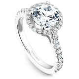 A Noam Carverwhite gold engagement ring with a round center diamond, a halo and 52 diamonds.