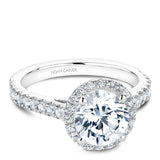 A Noam Carverwhite gold engagement ring with a round center diamond, a halo and 52 diamonds.