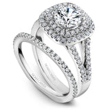 A Noam Carver white gold engagement ring with a round cut diamond in a double cushion halo, a split band and 80 diamonds.
