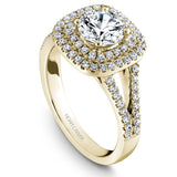 A Noam Carver yellow gold engagement ring with a round cut diamond in a double cushion halo, a split band and 80 diamonds.