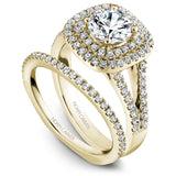 A Noam Carver yellow gold engagement ring with a round cut diamond in a double cushion halo, a split band and 80 diamonds.