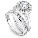 A Noam Carver white gold engagement ring with 14 diamonds on a round halo.