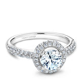 A Noam Carver white gold engagement ring with a round center stone on a halo and 68 diamonds.