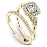 A Noam Carver white gold engagement ring with a cushion cut center stone, a halo and 26 diamonds.