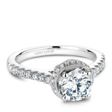 A Noam Carverwhite gold engagement ring with a halo and 36 diamonds.