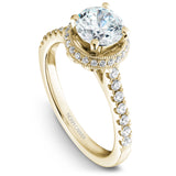 A Noam Carver yellow gold engagement ring with a halo and 36 diamonds.