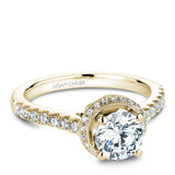 A Noam Carver yellow gold engagement ring with a halo and 36 diamonds.