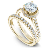 A Noam Carver yellow gold engagement ring with a halo and 36 diamonds.