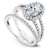 A Noam Carver white gold engagement ring with a halo and a split band encrusted with 74 diamonds.