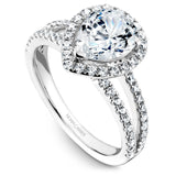A Noam Carver white gold engagement ring with a halo and a split band encrusted with 75 diamonds.