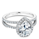 A Noam Carver white gold engagement ring with a halo and a split band encrusted with 75 diamonds.