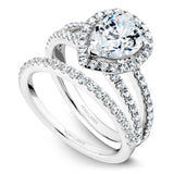 A Noam Carver white gold engagement ring with a halo and a split band encrusted with 75 diamonds.