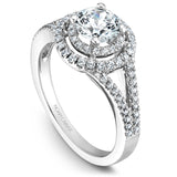 A Noam Carver white gold engagement ring with a double halo, a split band and 78 diamonds.