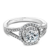 A Noam Carver white gold engagement ring with a double halo, a split band and 78 diamonds.