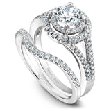 A Noam Carver white gold engagement ring with a double halo, a split band and 78 diamonds.