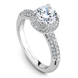 A Noam Carver white gold engagement ring with a double halo and 106 diamonds.
