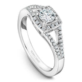 A Noam Carver white gold engagement ring with a square halo and 48 diamonds.