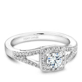 A Noam Carver white gold engagement ring with a square halo and 48 diamonds.