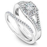 A Noam Carver white gold engagement ring with a square halo and 48 diamonds.
