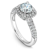 A Noam Carver white gold engagement ring with a cushion halo, dazzled with 102 diamonds.