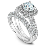 A Noam Carver white gold engagement ring with a cushion halo, dazzled with 102 diamonds.